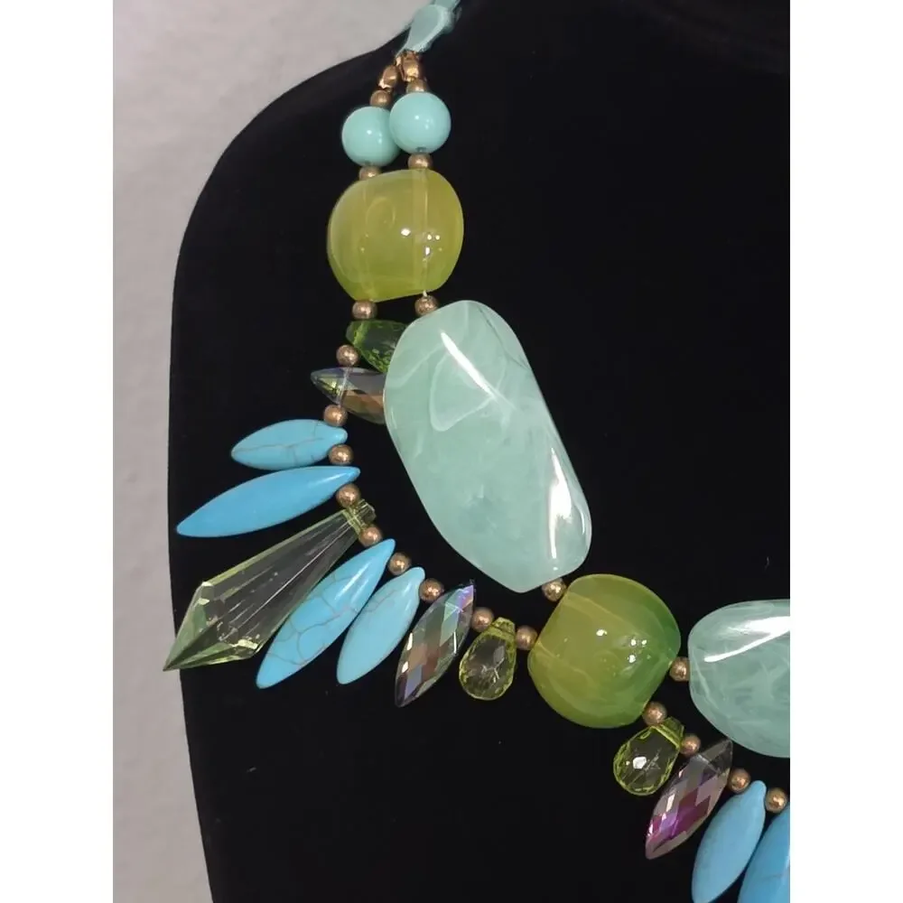 Vibrant Colorful Statement Necklace Green Blue Turquoise Stones Ribbon Closure